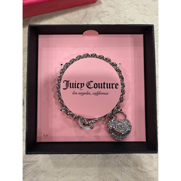 Juicy Couture Silver-Tone Chain Bracelet With Crystal Heart Lock Charm  Pink Box - Picture 2 of 6